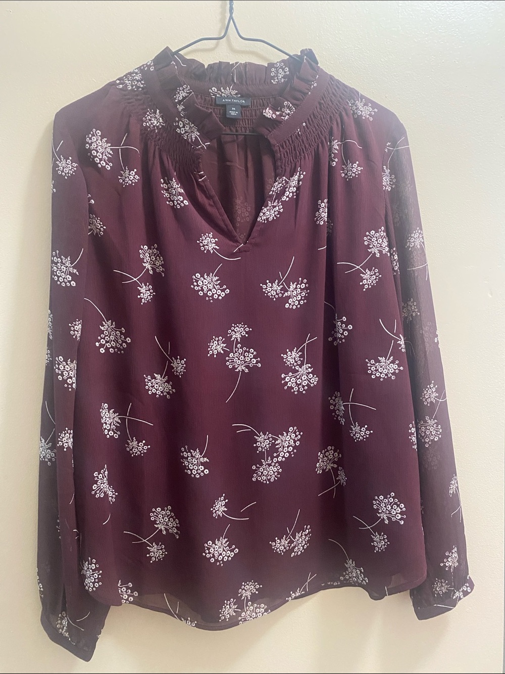 Ann Taylor Burgundy Floral Smocked-Neck Blouse